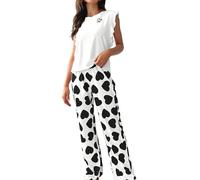 Ensemble de pyjama d'été sans manches pour femme - Ensemble de pyjama pour femme - Ensemble deux pièces confortable - Vêtements de nuit confortables à volants - Imprimé cœur - Col rond - Taille