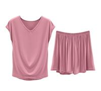 Ensemble de pyjama d'été sans manches pour femme - Ensemble short en coton modal - Pull 2 pièces léger - Col en V - Tunique avec short - Coupe ample - Doux et lisse - Rose