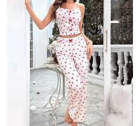 Ensemble de pyjama deux pièces décontracté pour femme avec coutures en maille - Motif imprimé sans manches - Convient pour une utilisation à la maison ou à l'hôtel (taille M, blanc1)