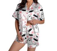 Ensemble de pyjama deux pièces d'Halloween pour femme en satin de soie boutonné, short squelette assorti, ensemble de pyjama assorti à manches courtes, ensemble de vêtements de détente, citrouille