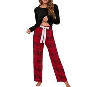 Ensemble de pyjama deux pièces pour femme à manches longues et col rond et pantalon à carreaux à rayures larges avec cordon de serrage - Ensemble de pyjama léger et doux - Vêtements de nuit, Noir