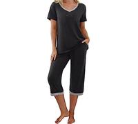 Ensemble de pyjama deux pièces pour femme, ensemble de pyjama rayé à manches courtes et pantalon 3/4 de couleur unie épissé, gris, M