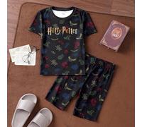 Ensemble de pyjama deux pièces pour pré-adolescent garçon, t-shirt noir avec imprimé coloré d'aigle et de serpent, et short ample 8Y,9Y,10Y,11Y,12YLettresTissu tricoté