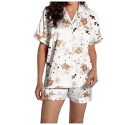 Ensemble de pyjama d'Halloween pour femme avec short en soie boutonné mignon et fendu fantôme - Ensemble décontracté et confortable - Ensemble assorti à manches courtes - Graphique - Léger - En satin