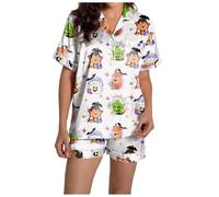 Ensemble de pyjama d'Halloween pour femme avec short en soie boutonné mignon et fendu fantôme - Ensemble décontracté et confortable - Ensemble assorti à manches courtes - Graphique - Léger - En satin