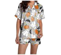 Ensemble de pyjama d'Halloween pour femme avec short en soie boutonné mignon et fendu fantôme - Ensemble décontracté et confortable - Ensemble assorti à manches courtes - Graphique - Léger - En satin