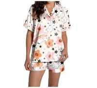 Ensemble de pyjama d'Halloween pour femme en satin de soie boutonné doux avec short fantôme d'été - Vêtement de nuit graphique léger à boutons - Ensembles de pyjama décontractés à manches courtes