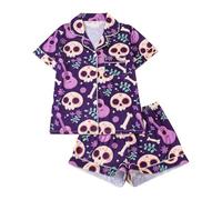 Ensemble de pyjama d'Halloween pour femme en satin de soie boutonnée pour l'automne confortable Make It Spooky Short Pyjama graphique mignon boutonné ensemble assorti robes de nuit Western Revers