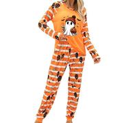 Ensemble de pyjama d'Halloween pour femme, imprimé fantôme, citrouille, chemises à manches longues, haut avec pantalon, pyjama 2 pièces, vêtements de détente effrayants, C Orange Ghost, M