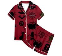 Ensemble de pyjama d'Halloween pour fille avec imprimé chauve-souris - Short rayé à manches courtes - Vêtements de nuit pour enfants - Tenue décontractée confortable, Brique rouge., 8-9 ans