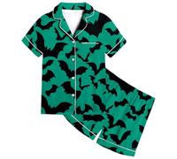 Ensemble de pyjama d'Halloween pour fille imprimé chauve-souris short à manches courtes vêtements de nuit design rayé confortable pour enfants vêtements décontractés, vert, 12-13 ans