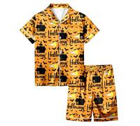 Ensemble de Pyjama d'halloween pour Filles - 3 pièces boutonné à Manches Courtes et Pantalon Long avec Short - Vêtements de Nuit Mignons pour Adolescentes, Noir, 10-11 Ans