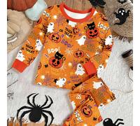 Ensemble de pyjama d'Halloween pour filles - Imprimé citrouille et fantôme mignon, vêtements de nuit pour tout-petits, tenue de détente douce pour jeune fille, pyjamas confortables pour les fêtes, man