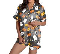Ensemble de pyjama d'Halloween short pour femme en satin de soie boutonné doux pour Halloween, robe de nuit fantôme, vêtements de nuit, vêtements de nuit décontractés à boutons fendus, ensembles de