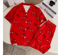 Ensemble de pyjama d'intérieur pour garçon préadolescent, Top à manches courtes et short à taille élastique, style col classique ouvert devant, imprimé ignifuge, fond rouge avec imprimé de lignes noir