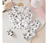 Ensemble de pyjama d'intérieur pour jeune fille avec top à col rabattu imprimé panda et cœur et pantalon long 6Y,7Y,4Y,5YCartoonSatin