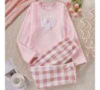 Ensemble de pyjama doux en peluche pour filles préadolescentes, rose, Sweat-shirt à manches longues avec cœur et nœud papillon & pantalon de détente à carreaux, tenue 2 pièces 14Y,13Y,16Y,15YCarreauFl