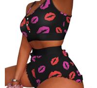 Ensemble de pyjama élégant pour femme avec haut court et short pour un usage quotidien, ourlet à volants pour des nuits confortables (XL lèvre noire)