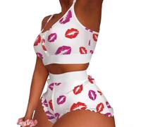 Ensemble de pyjama élégant pour femme avec haut court et short pour un usage quotidien, ourlet à volants pour des nuits confortables (M lèvres blanches)
