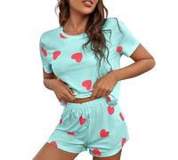 Ensemble de pyjama en coton avec t-shirt et short imprimé cœur mignon pour femme à manches longues, bleu ciel, L