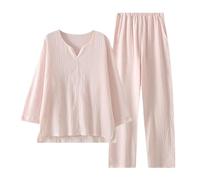Ensemble de pyjama en coton froissé pour femme - Style japonais double couche gaze 2 pièces avec col en V, manches 3/4, doux et respirant, tenue d'intérieur pour un usage quotidien, #1, M