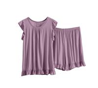 Ensemble de pyjama en coton modal - Ensembles de pyjama en coton pour femme grande taille - Ensemble caraco à volants et short décontracté avec débardeur plissé, chemise de nuit, pull léger, tenue de
