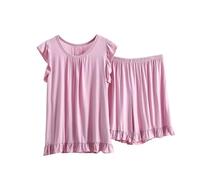Ensemble de pyjama en coton modal - Ensembles de pyjama en coton pour femme grande taille - Ensemble caraco à volants et short décontracté avec débardeur plissé, chemise de nuit, pull léger, tenue de