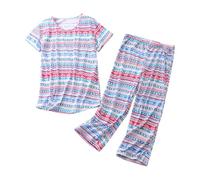 Ensemble de pyjama en coton pour femme XL - Ensemble de pyjama à manches courtes - 2 pièces décontracté imprimé vintage pour femmes âgées Ensemble de pyjama en coton coupe ample taille élastique