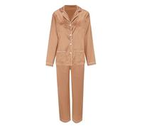 Ensemble de pyjama en coton thermique pour femme - Haut à manches longues - Pantalon - Chemise - Pantalon - Poches, rose gold, S
