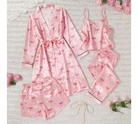 Ensemble de pyjama en plusieurs pièces pour filles avec robe imprimée d'un nœud rose minimaliste, short à bretelles et pantalon 8Y,9Y,10Y,11Y,12YGéométrique,graphiqueÉtoffe