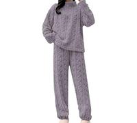 Ensemble de pyjama en polaire pour femme - Pyjamas moelleux pour l'hiver - Ensemble de vêtements d'intérieur chauds et doux - Pyjamas thermiques confortables - Tenue de nuit douce - 2 pièces - Col