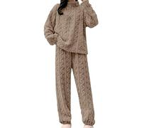 Ensemble de pyjama en polaire pour femme - Pyjamas moelleux pour l'hiver - Vêtements de nuit doux et thermiques - Tenue d'intérieur confortable - Col ras-du-cou - Manches longues - Haut et bas à