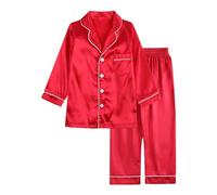 Ensemble de pyjama en satin de soie à manches courtes pour bébé fille et garçon 2 boutons, Rouge, 4-5 ans