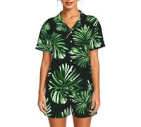Ensemble de pyjama en satin imprimé feuilles vertes de palmier tropical | Parfait pour les w nds paresseux, lire ou regarder la télévision