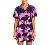 Ensemble de pyjama en satin imprimé palmier violet coucher de soleil pour | Parfait pour les w nds paresseux, lire ou regarder la télévision