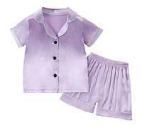 Ensemble de Pyjama en Satin pour Enfants T-Shirt et Short Tops Col Rond+Shorts Imprimé Vêtement Enfant Fille Taille 7-14 Ans Unisexe Confortable Doux 2 Pièces Pyjashort té Set Jeunes