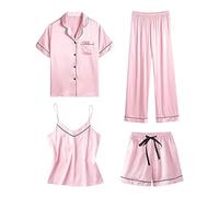 Ensemble de pyjama en satin pour femme, ensemble de pyjama 4 pièces en satin, pyjama à manches boutonnées, haut caraco sexy, short, pantalon long, vêtements de nuit doux et confortables, rose, S