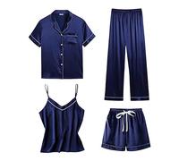 Ensemble de pyjama en satin pour femme, ensemble de pyjama 4 pièces en satin, pyjama à manches boutonnées, haut caraco sexy, short, pantalon long, vêtements de nuit doux et confortables, bleu marine