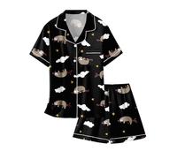 Ensemble de pyjama en satin pour filles et femmes, vêtements de nuit boutonnés en soie 2 pièces, 3 ans - Femmes XXL, Paresseux noir, 13-14 Years