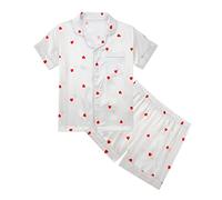 Ensemble de pyjama en soie d'été pour filles, imprimé cœur et étoile, pyjama court boutonné pour garçons, pyjama en satin mignon, poche, rayé, confortable, doux, vêtements de détente, D-blanc, 13-14
