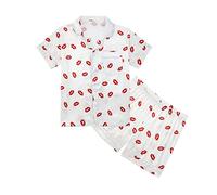 Ensemble de pyjama en soie d'été pour filles, imprimé cœur et étoile, pyjama court boutonné pour garçons, pyjama en satin mignon, poche, rayé, confortable, doux, vêtements de détente, Blanc C, 13-14