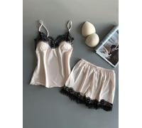 Ensemble de pyjama en soie glacée pour femme - Couleur unie - Caraco et short - Doux et respirant - Pour l'été, les vacances, la plage, les vacances, le yoga, élasticité moyenne (XXL Beige)