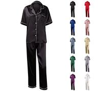 Ensemble de pyjama en soie pour femme, ensemble de pyjama en satin pour femme, style classique et élégant, vêtements de détente deux pièces, couleur unie, vêtements de nuit confortables, manches