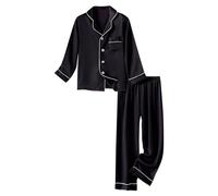 Ensemble de pyjama enfant en satin de soie pour garçons, ensemble de pyjama deux pièces avec boutons et manches longues, peignoir avec fermeture éclair, Noir , 10-11 ans