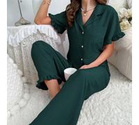 Ensemble de pyjama, ensemble de détente avec des poches bordées de volants sur le devant L,M,S,XLUnicoloreTissu tissé