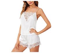 Ensemble de Pyjama Féminine Pyjama Court Vetements de Nuit Satin sans Manches avec Camisole et Short Lingerie Sensuelle Col V Nuisette en Modal Nightwear et Grandes Tailles