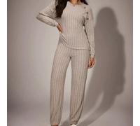 Ensemble de pyjama femme 2 pièces de couleur unie brossée avec haut à épaules tombantes et bouton en bois et pantalon, tenue de détente L,M,S,XLUnicolore,RayéTissu tricoté