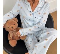 Ensemble de pyjama femme avec cardigan col châle à imprimé ours de dessin animé mignon L,M,S,XLAnimal,CartoonTissu tissé