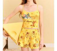 Ensemble de pyjama femme composé d'un débardeur jaune et d'un short, jaune beurre, ensemble de pyjama graphique, motif fromage, motif dessin animé, usage domestique, loisirs, été L,M,S,XL,XS,XXL,XXS,X
