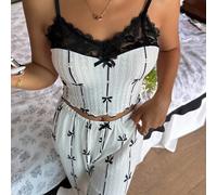 Ensemble de pyjama femme, comprenant un caraco mode confortable avec imprimé nœud dessin animé et bordure en dentelle contrastante, ainsi qu'un pantalon long L,M,S,XLGéométriqueTissu tricoté